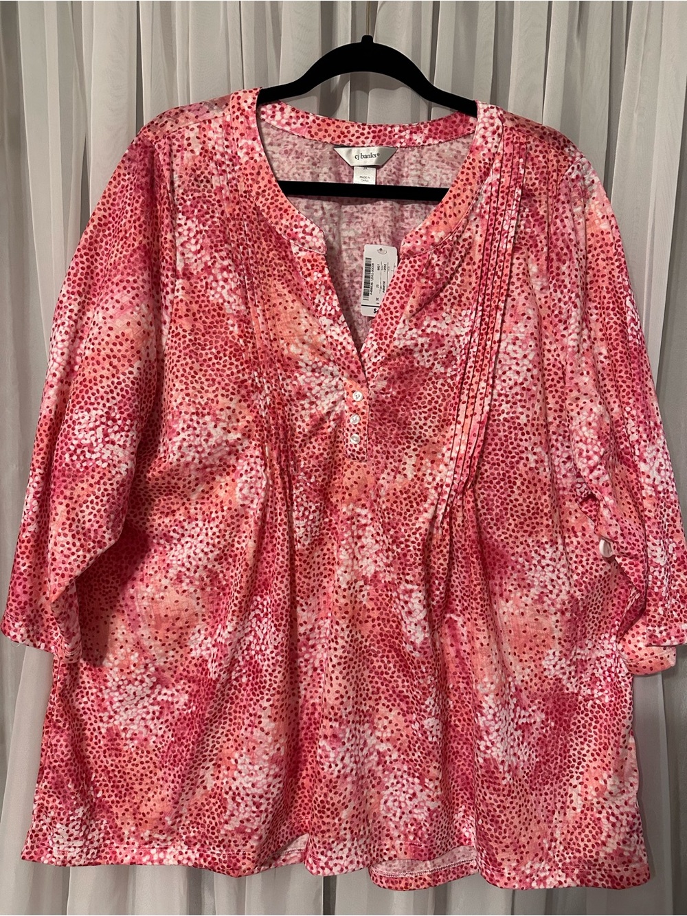 CJ Banks Pink Coral Orange Speckled Print Pleated V-Neck 3/4 sleeve Top Size 3XL